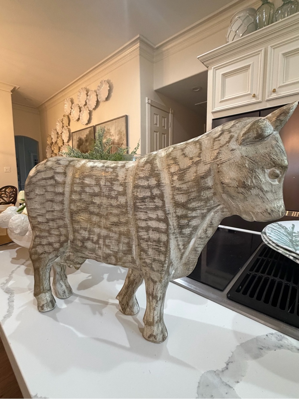 Rustic Beige Ceramic Bull Sculpture - Home Art Accent